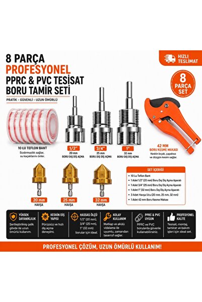 Trendhane 8 Parça Profesyonel PPRC & PVC Tesisat Boru Tamir Seti – Diş Açma, ...