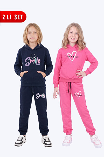 FYK KİDS Girl's 2-Piece Printed Kangaroo Pocket Hooded Tracksuit Set