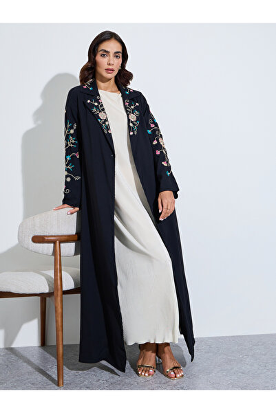 Styli Black Floral Embroidery Open Front Abaya