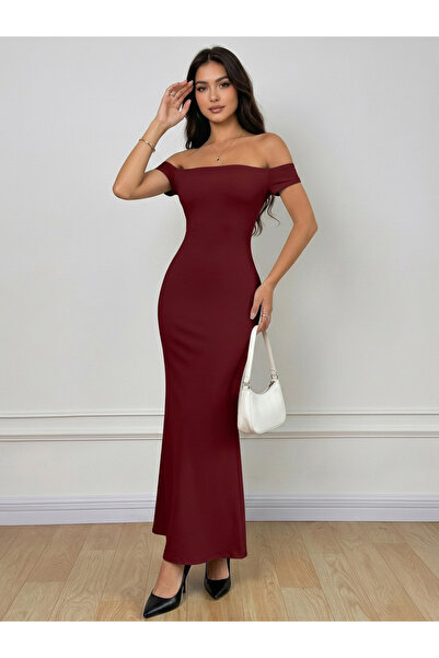 Styli Red Off Shoulder Mermaid Hem Midi Dress