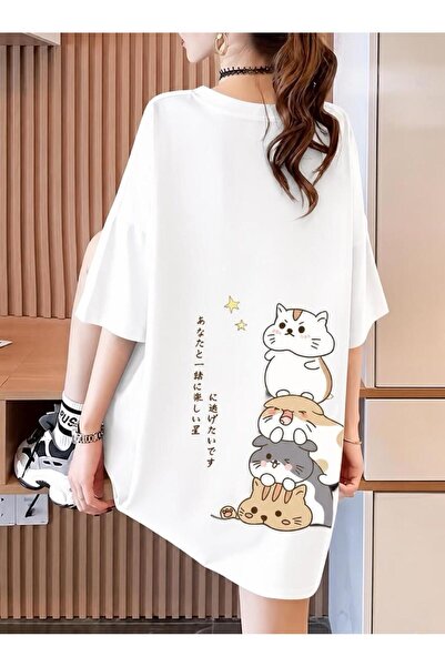 Oksit Harajuku Japanese Written Cat Design Unisex Oversize T-Shirt
