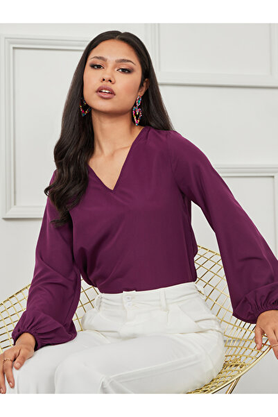 Styli Long Volume Sleeves V Neck Solid Top