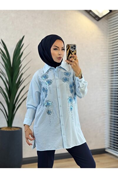 Nefise 260195 Sequin Embroidered Elegant Shirt Blue