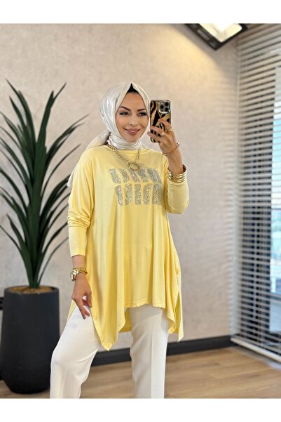 ALANURMODA 24277 Tunic with Stone Lettering on the Front Yellow