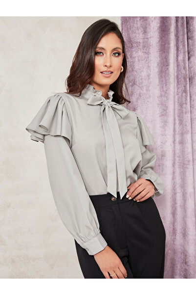 Styli Long Sleeves Ruffle Detail Tie-Up Neck Top