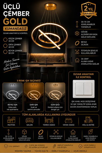 mubeda aydınlatma Üçlü Çember Gold LED Avize - 3 Renk Aydınlatma (KUMANDASIZ)