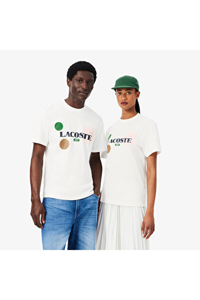 Lacoste Unisex Classic Fit Bisiklet Yaka Baskılı Beyaz T-Shirt