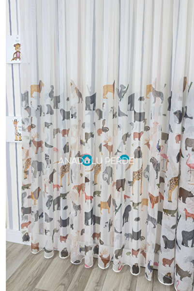 istper Animal Patterned Children's Room Tulle Curtain I Pleat-Free I Wrinkle-...