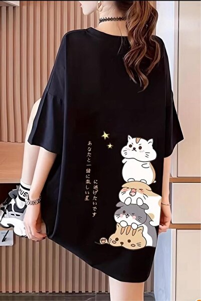 Oksit Tricou oversize unisex cu design de pisică cu litere japoneze Harajuku
