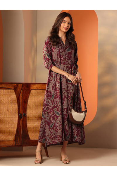 Libas By Styli Maroon Printed Rayon A-Line Maxi Dress