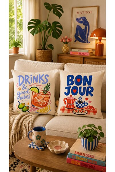 Sakallı 2’li Drinks & Good Vibes & Bonjour Kahve Desenli Dijital Baskılı Deko...
