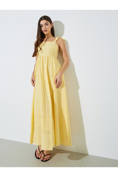 Styli Yellow Schiffli A-Line Maxi Dress