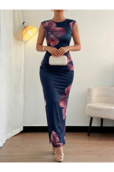 Take Two By Styli Dark Blue Floral Bodycon Maxi Dress