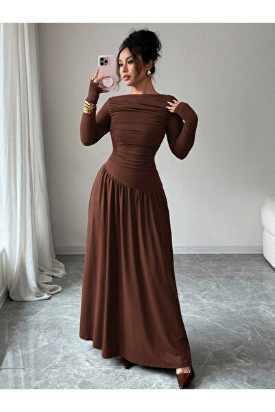 Styli Brown Ruched A-Line Maxi Dress