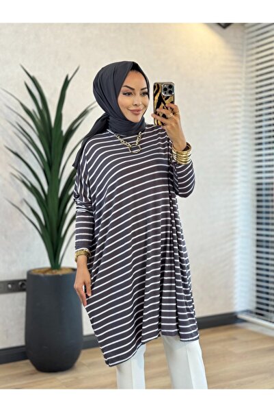 Afili 0723 تونيك واسع مخطط باللون الأنثراسيت