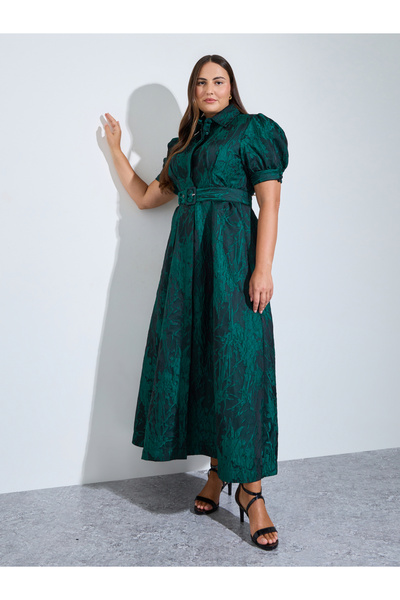 Styli Plus Size Dark Green Jacquard A-Line Maxi Dress