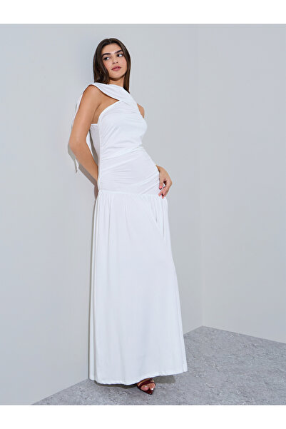 Styli White Draped Sleeves A-Line Maxi Dress