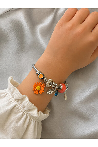 Bymiel Silver Color Charm Detailed Daisy Figured Cable Bracelet