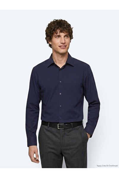 Kip Navy Blue Plain Regular Fit Long Casual Shirt