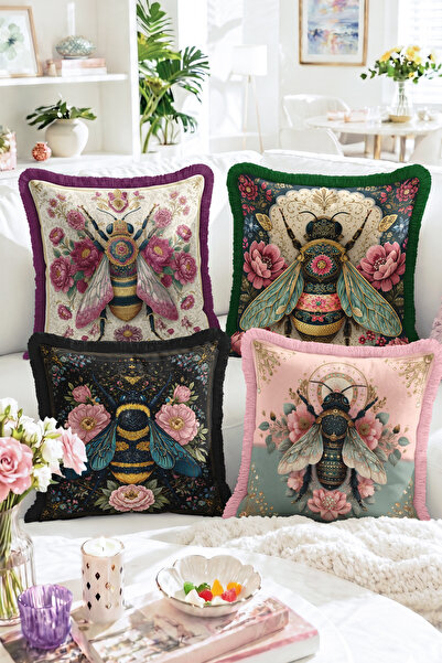 Realhomes Vintage 4-Piece Fringed Throw Pillow Cover Set with Bee and Flower ...