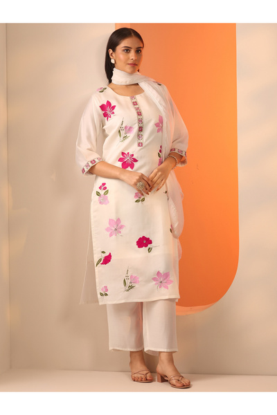 Libas By Styli Printed Silk Blend Straight Kurta, Trousers And Dupatta Set