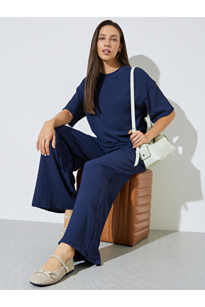 Styli Navy Blue Textured Top and Wide LegTrousers Co-ord Set