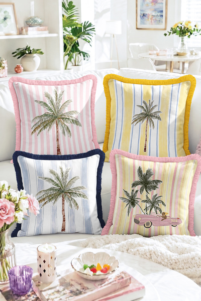 Realhomes Set of 4 Fringed Throw Pillow Covers with Palms, Stripes, and Car F...