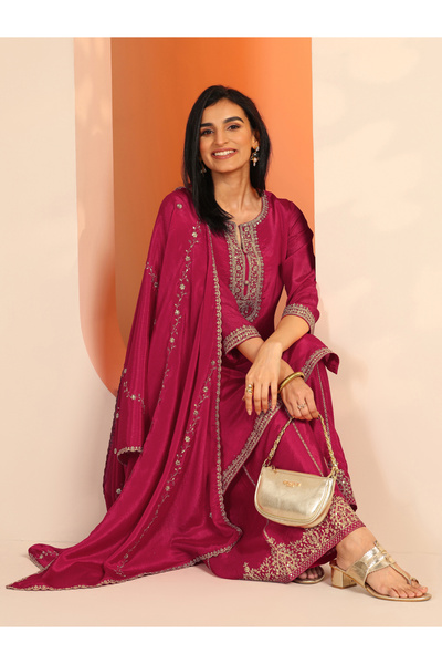 Libas By Styli Printed Chinon Straight Kurta, Palazzos And Dupatta Set