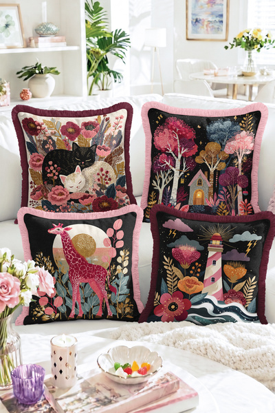 Realhomes Cat, Giraffe, Lighthouse and Forest House Themed Set of 4 Fringed T...