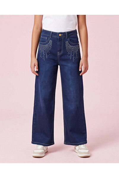 REDTAG Senior Girls Navy Studded Wide Leg Jeans