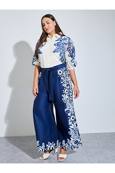Styli Plus Size Women Navy Blue Floral Wide Leg Trousers