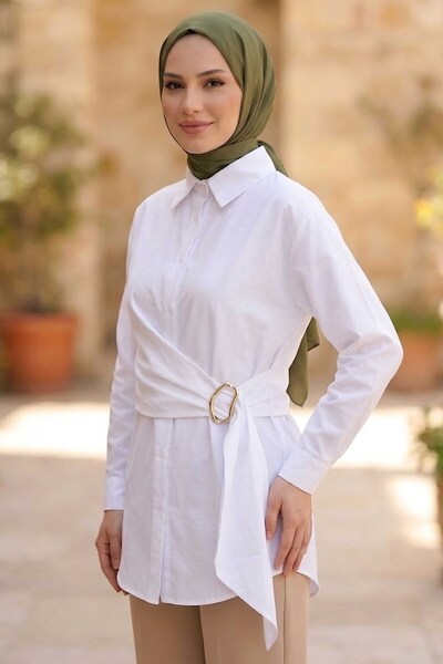 TOFİSA Toka Kuşak Detaylı Tunik Beyaz - 28728-BEYAZ