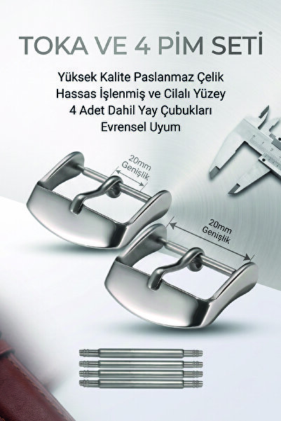 20mm Premium Paslanmaz Çelik Saat Tokası ve 4 Adet Yaylı Pim Seti - Gümüş