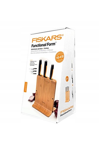 FiSKARS Set de 3 cuțite funcționale în bloc de bambus + ascuțitor uni