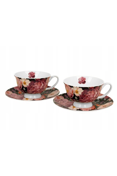 Duo Set de 2 cești de cafea cu farfurioare, cu design Trandafiri de primăvară...