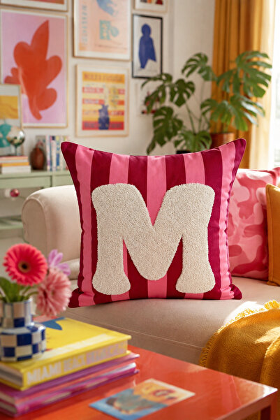 Pilloveland Punch Embroidered Throw Pillow Cover - 43*43 cm - Pink Letter m -...