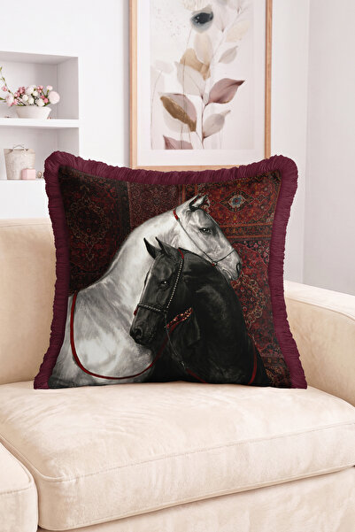Realhomes White and Black Horse Figured Carpet Motif Patterned Fringed Throw ...