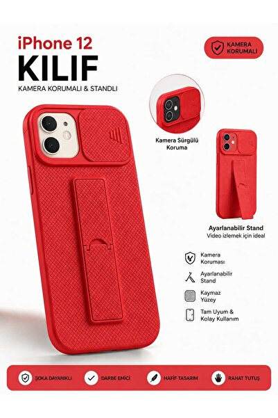 EPRO İphone 12 Uyumlu Kamera Korumalı Sürgülü Kapaklı Standlı Silikon Kılıf -...