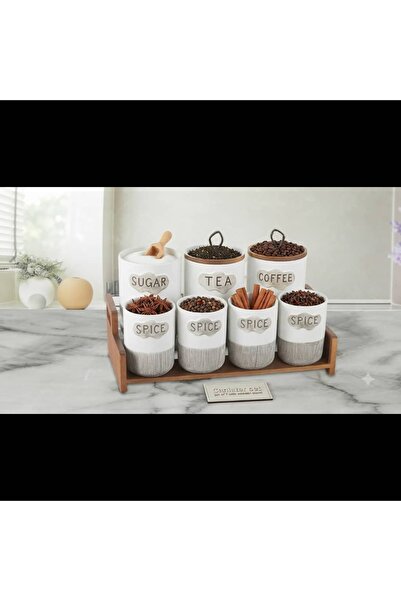 Generic طقم علب بهارات وتخزين سيراميك مكون من 7 قطع مع ستاند خشبي، يتميز بتصم...