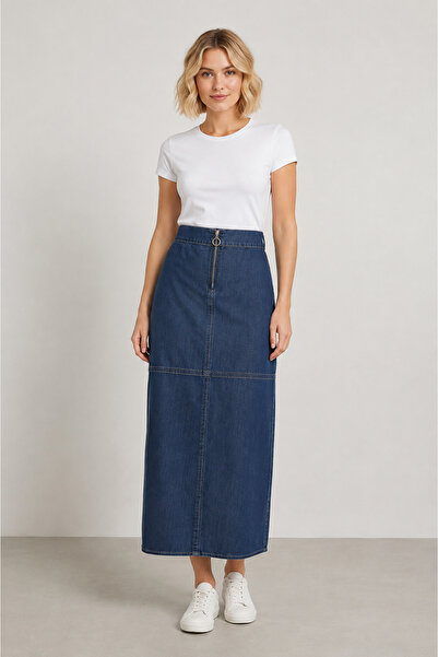 bihan store High Waist Denim Maxi Skirt with Front Zipper Y25-7581-Blue