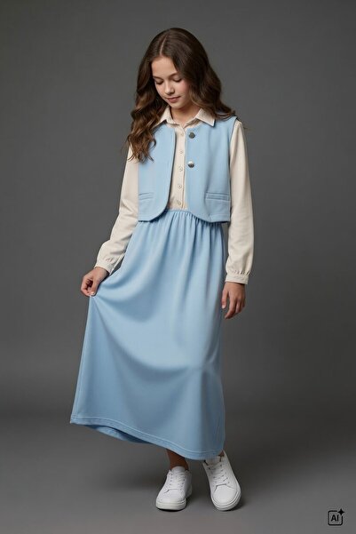 Cansın Mini Blue Girl's Zero Sleeve Vest Shirt Collar Dress Set 24750
