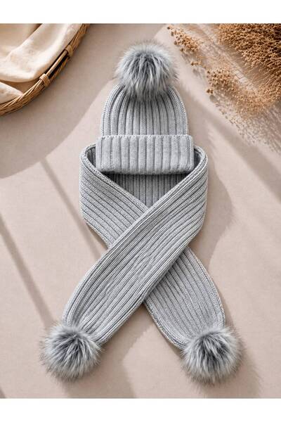 ues Gray Single Pompon Knitwear Scarf Beanie Set