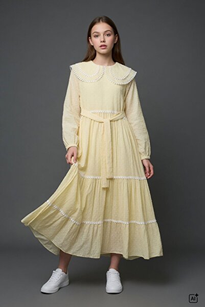 Cansın Mini Yellow Girls' Lace Detailed Double Collar Polka Dot Long Dress 24756