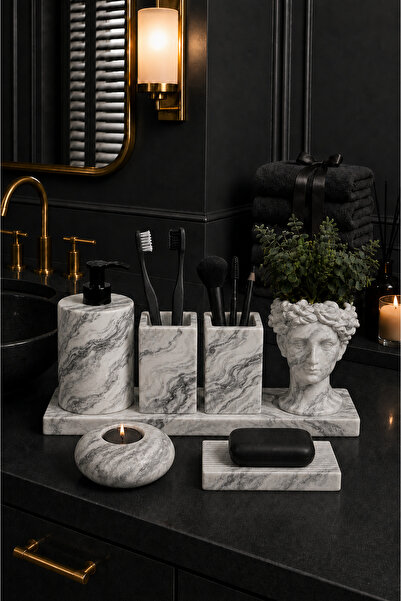 betonmall Set de baie din beton din 7 piese, organizator de baie cu flori art...