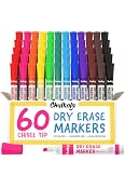 Chalkola Dry Erase Markers Bulk (60 Pack, 12 Vibrant Colors) Chisel Tip | Whi...