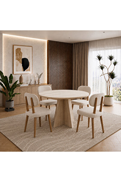 UZMHOME Modern Yuvarlak Yemek Masası Takımı 4 Ahşap Sandalyeli