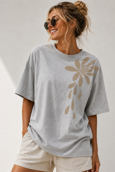 ArtYus Minimal Floral Printed Crew Neck Casual Unisex Oversize T-Shirt - Flor...