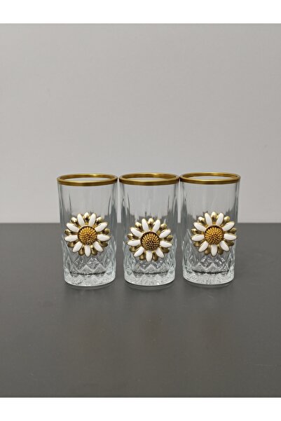 PARILTI HOME COLLECTİON 3-Piece Coffee Water Glass with Daisy Figure