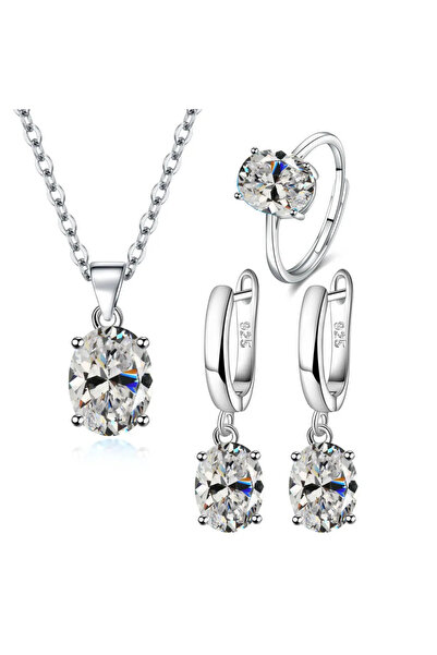 Choice4 WHITE 925 Sterling Silver Jewelry Sets For Women Ellipse Zircon Ring ...