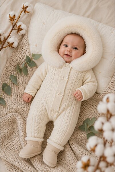 Pure Boutique Combinezon bebe unisex ivoire tricotat, imblanit integral, cu g...